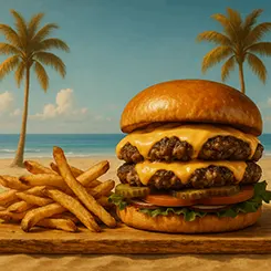 Burger et frites présentés sur leur planchette dans le décor maritime de la Table de Trois à Bordeaux