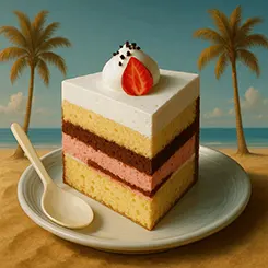 part de gâteau à plusieurs couches présentée dans son assiette en face de la plage à la carte de la Table de Trois