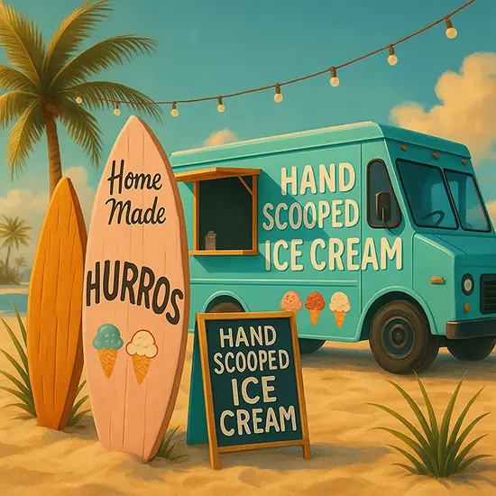 Vue arrière du Foodtruck avec en décor des planches de surf, la plage et les palmiers-Bordeaux