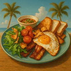 Plat combiné composé d'œufs au plat, de bacon grillé, de crudités accompagnées de sa sauce servi à la Table de Trois